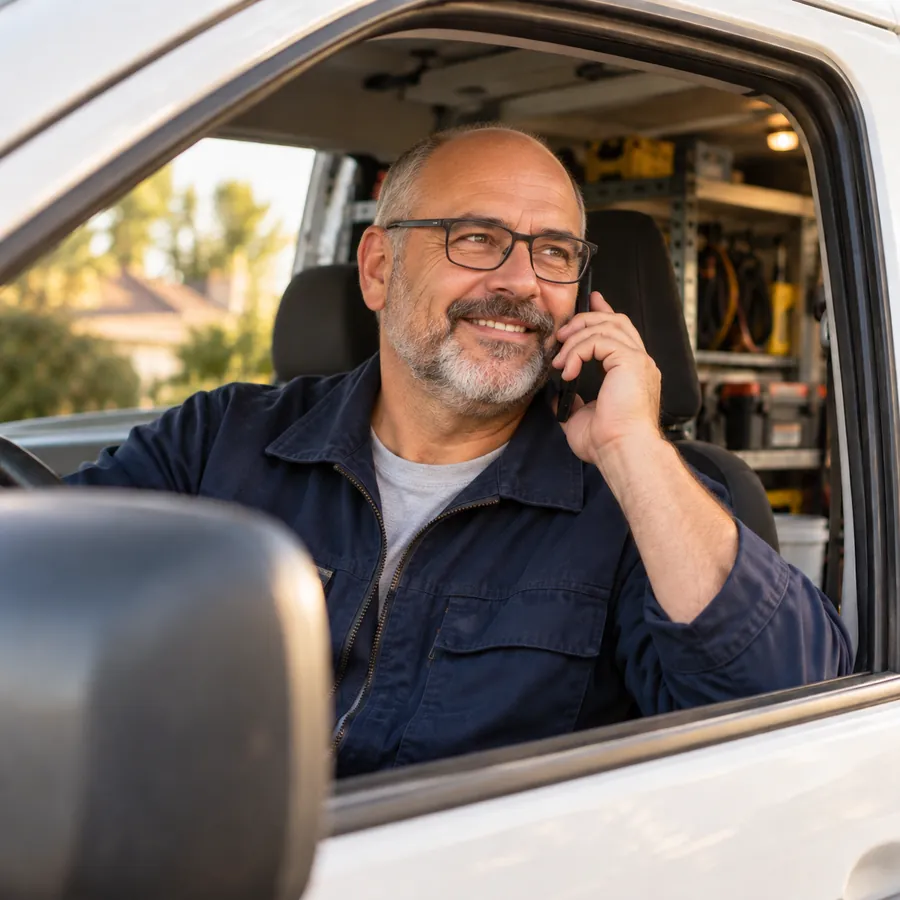 Un artisan répond au téléphone depuis sa camionnette