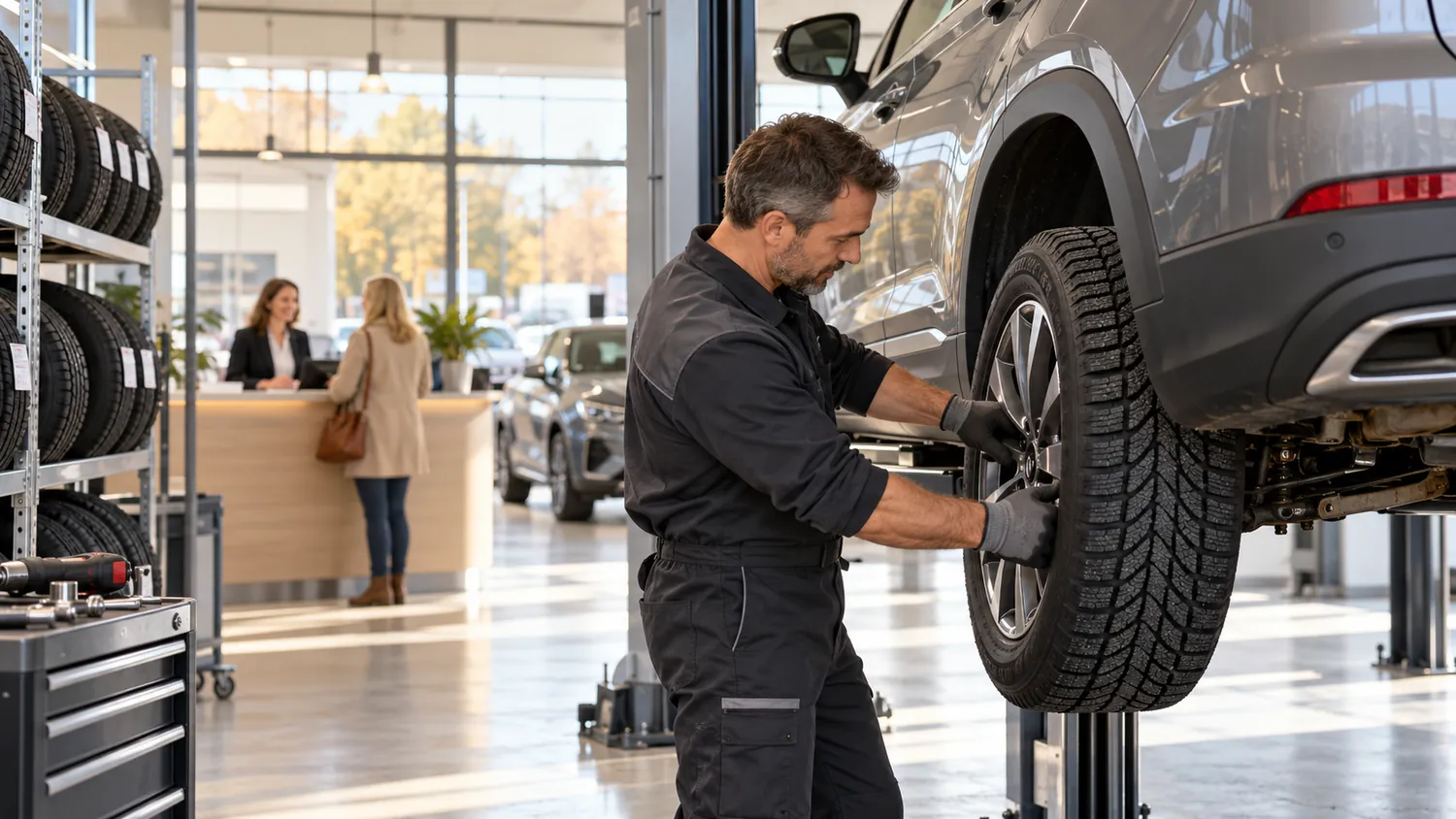 A technician fits a winter wheel on an SUV in a bright workshop, a customer waiting at the desk