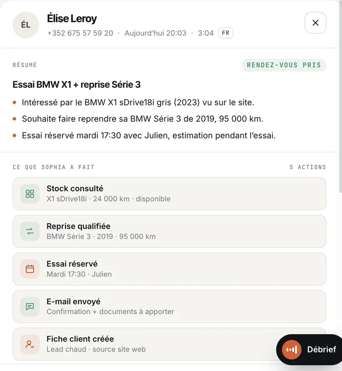 Cockpit : résumé d’un appel et actions réalisées par Sophia