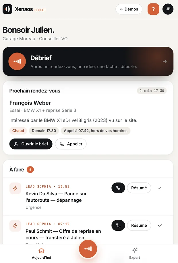 Pocket : prochain rendez-vous et leads de Sophia à traiter