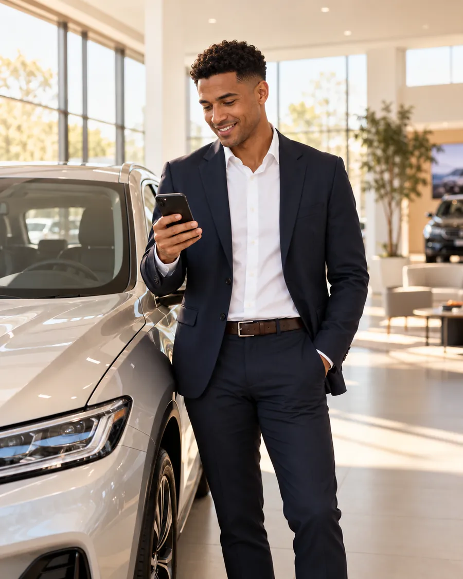 Un vendeur consulte Pocket sur son téléphone dans le showroom