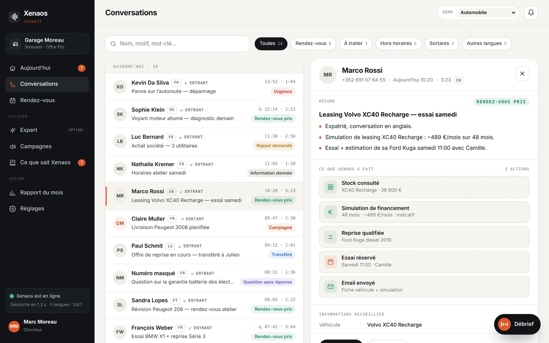 Cockpit, détail d’une conversation : résumé et actions réalisées par Sophia