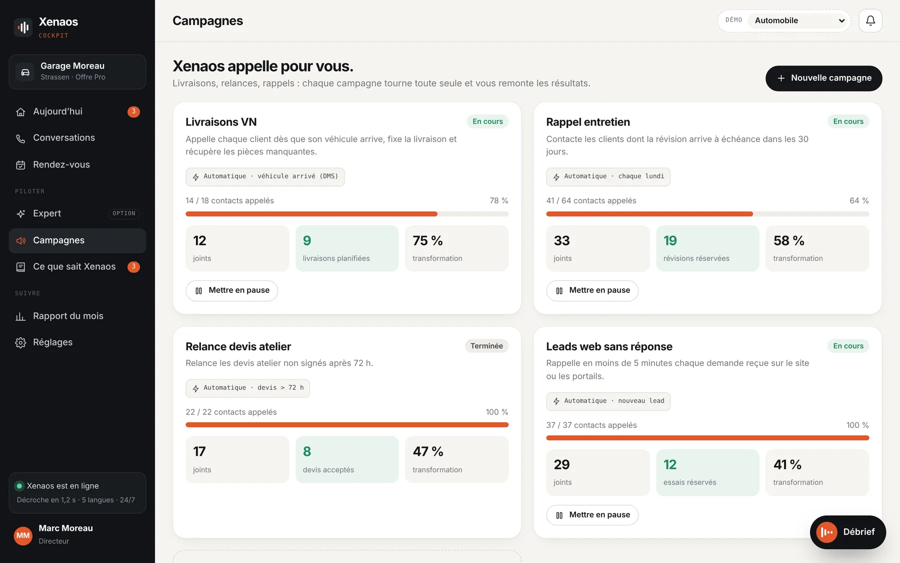 Cockpit, campagnes d’appels sortants avec leurs résultats