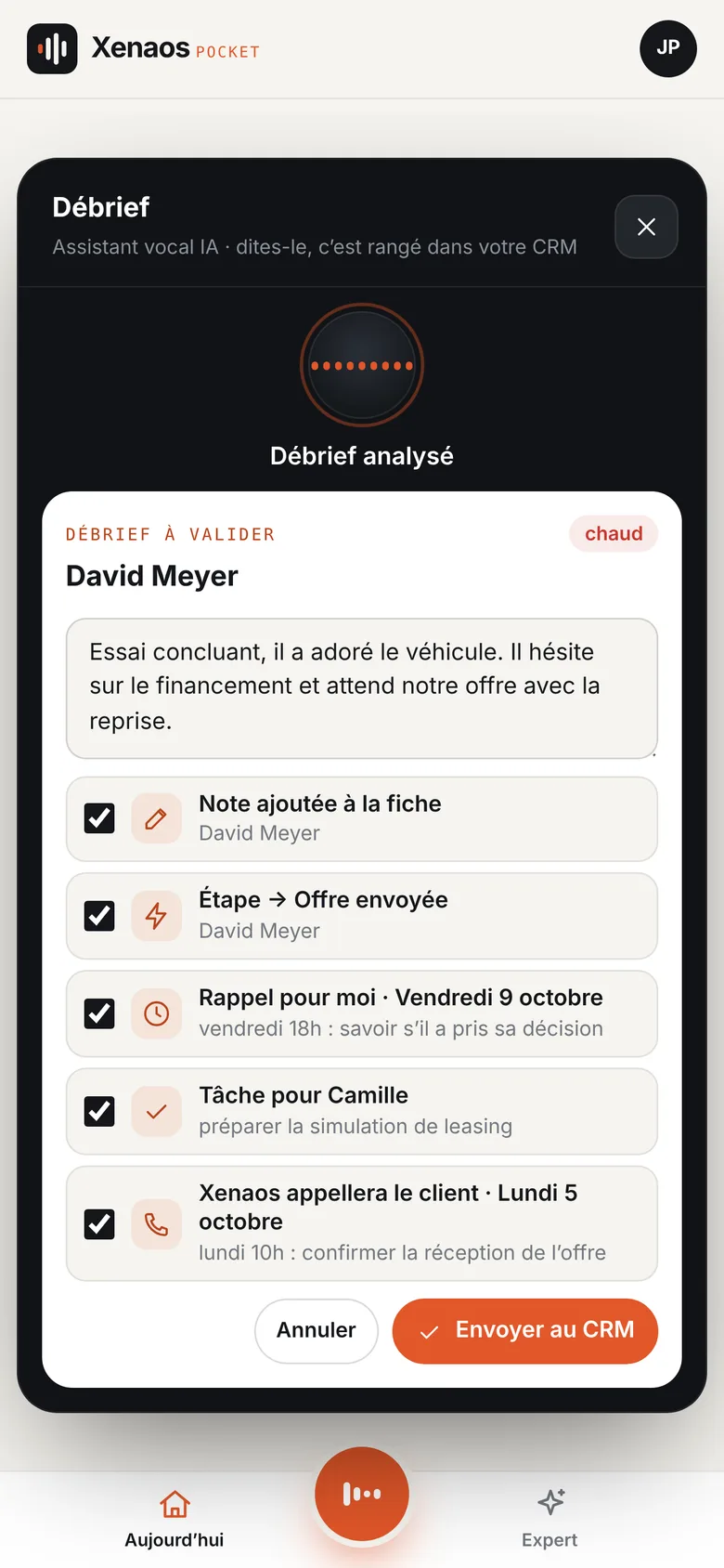Pocket : actions prêtes à envoyer au CRM après le débrief