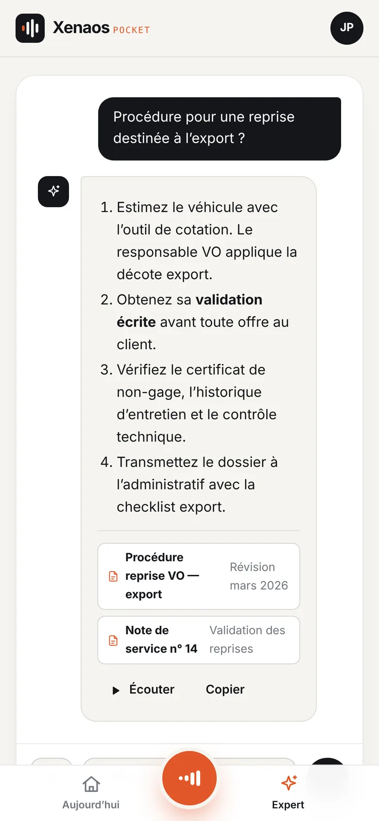 Pocket Expert : une réponse en étapes, avec les documents sources cités