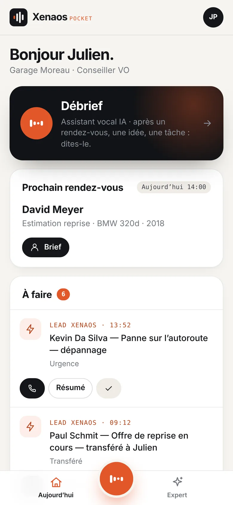 Pocket : le prochain rendez-vous, le bouton Brief et les tâches du jour